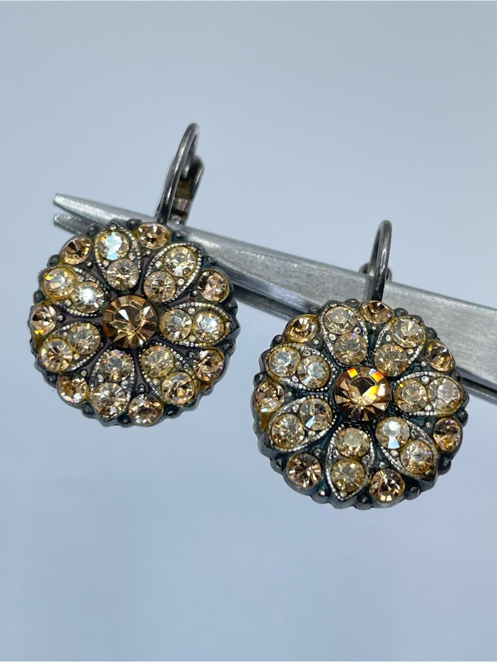 Vintage Champagne Crystal Floral Earrings Silver Glam Pierced Boho Art Deco